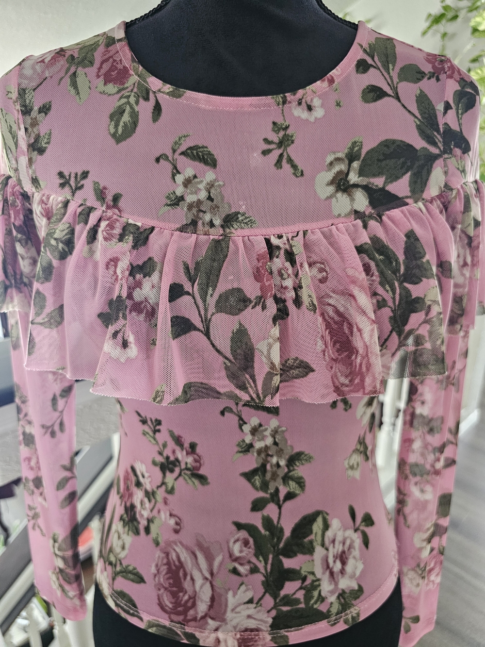 Polly & Esther Pink Floral Ruffle Mesh Long-Sleeve Top - Picture 2 of 7